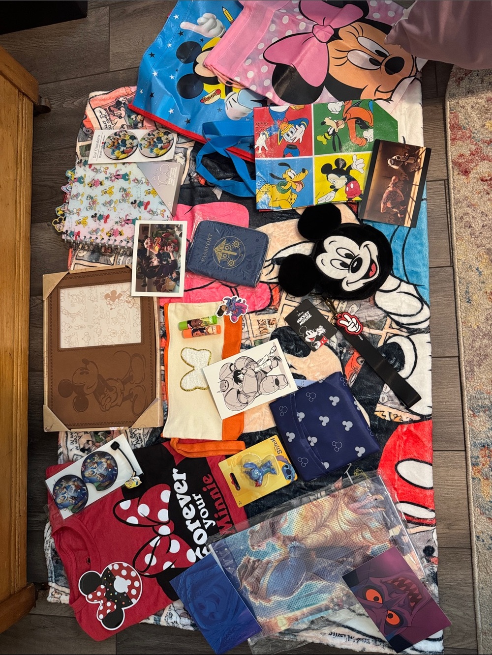 Disney mixed lot picture frame, blanket, shirt, diamond art, totes , passport +